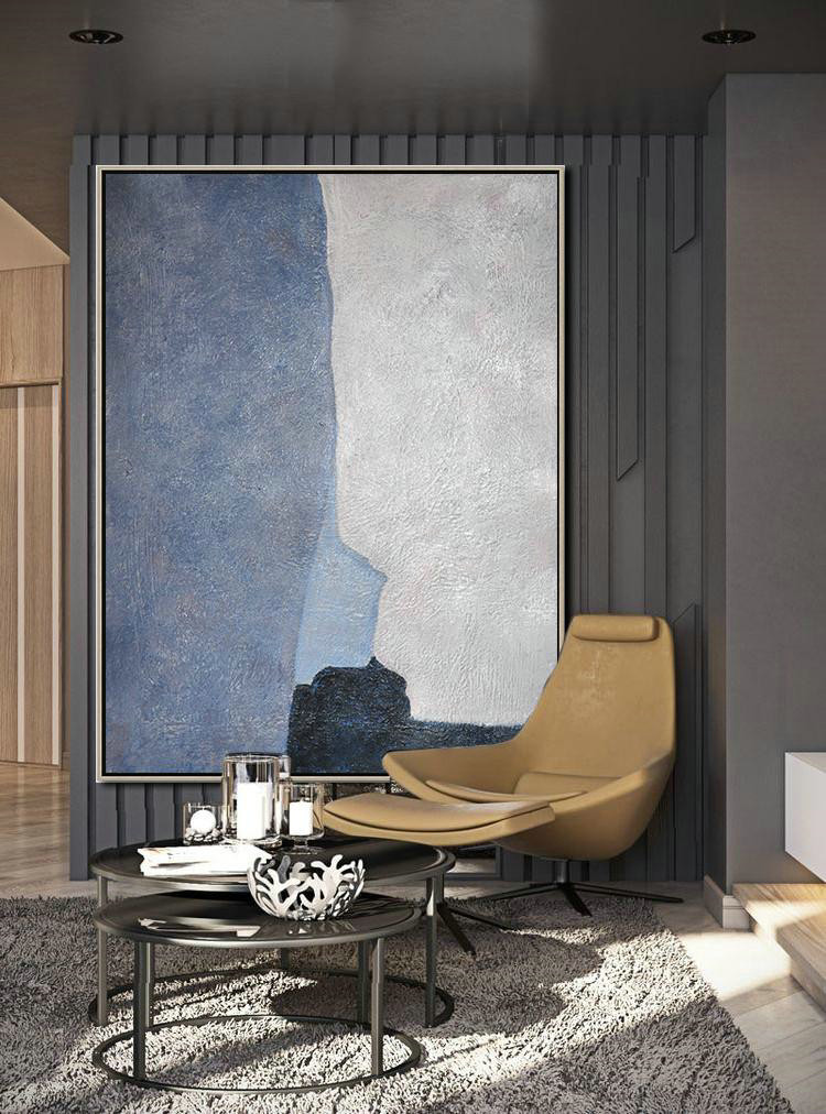 Extra Large Painting,Vertical Palette Knife Contemporary Art,Contemporary Art Acrylic Painting,Navy Blue,White,Blue,Black.etc
